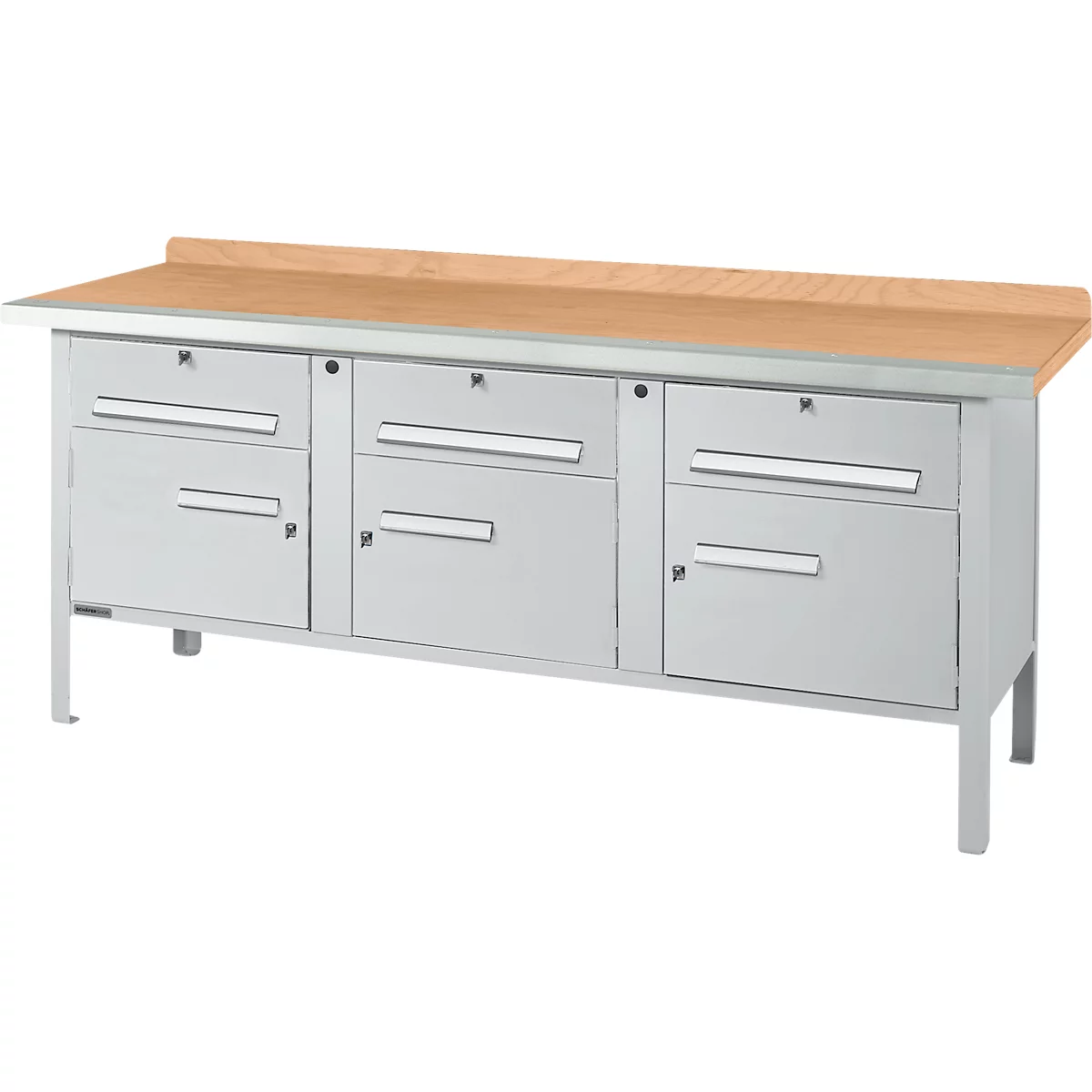 Metal workbench with wooden top and drawers.