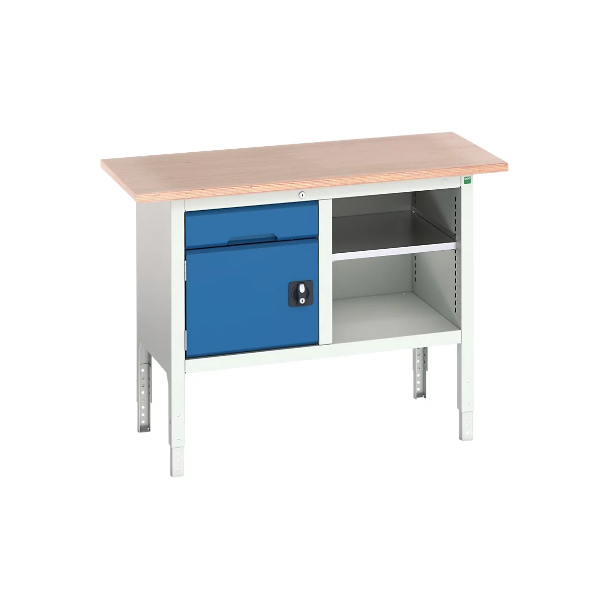 Box werkbank Bott verso, met multiplex legbord, 1 lade &amp; 1 legbord &amp; 1 deur, B 1250 x D 600 x H 830 - 930 mm, lichtgrijs / gentiaanblauw