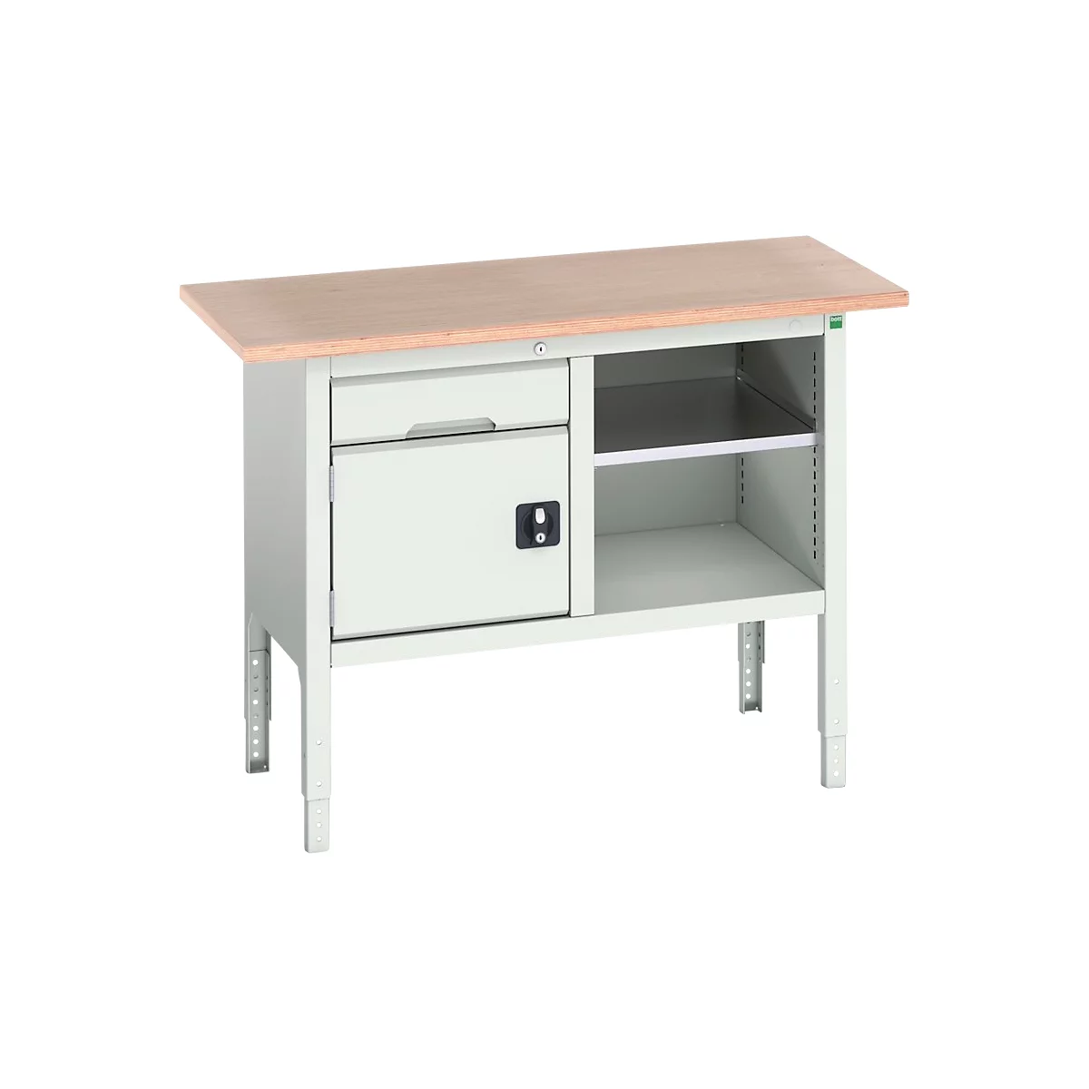 Box werkbank Bott verso, met multiplex legbord, 1 lade &amp; 1 legbord &amp; 1 deur, B 1250 x D 600 x H 830 - 930 mm, lichtgrijs