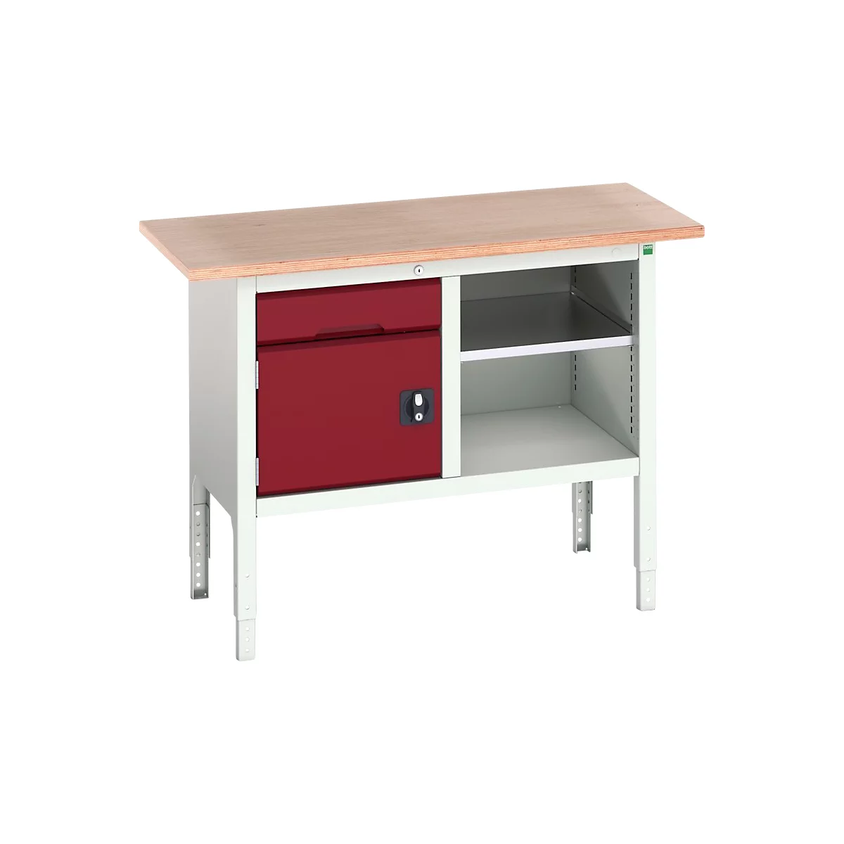 Box werkbank Bott verso, met multiplex legbord, 1 lade &amp; 1 legbord &amp; 1 deur, B 1250 x D 600 x H 830 - 930 mm, lichtgrijs / paarsrood