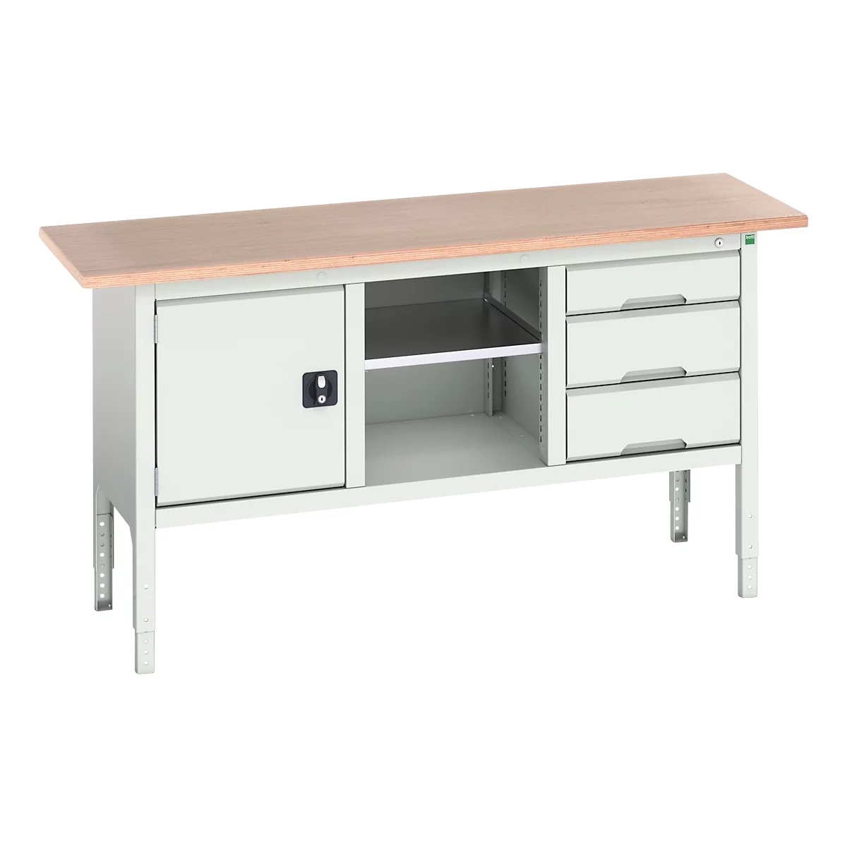 Box werkbank Bott verso, met multiplex legbord, 3 laden &amp; 1 legbord &amp; 1 deur, B 1750 x D 600 x H 830 - 930 mm, RAL 7035 lichtgrijs