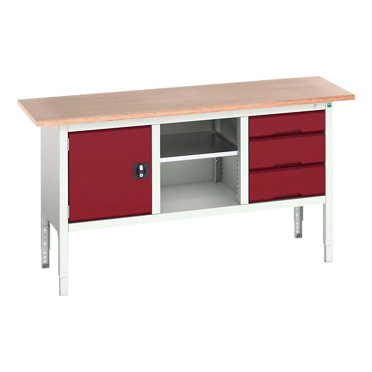 Box werkbank Bott verso, met multiplex legbord, 3 laden &amp; 1 legbord &amp; 1 deur, B 1750 x D 600 x H 830 - 930 mm, RAL 7035 Lichtgrijs / RAL 3004 Purperrood