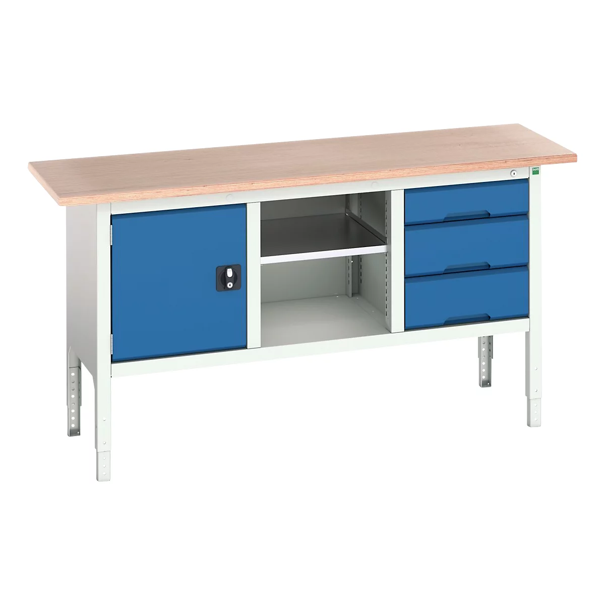 Box werkbank Bott verso, met multiplex legbord, 3 laden &amp; 1 legbord &amp; 1 deur, B 1750 x D 600 x H 830 - 930 mm, RAL 7035 lichtgrijs / RAL 5010 gentiaanblauw