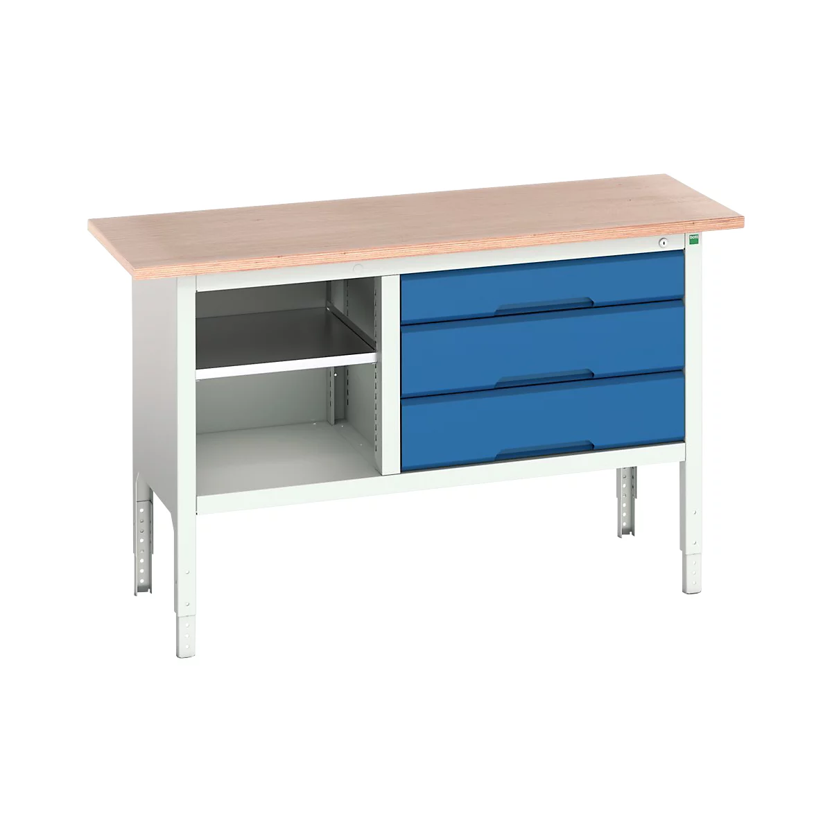 Box werkbank Bott verso, multiplexplaat, 3 laden &amp; 1 legplank, B 1500 x D 600 x H 830 - 930 mm, RAL 7035 lichtgrijs / gentiaanblauw