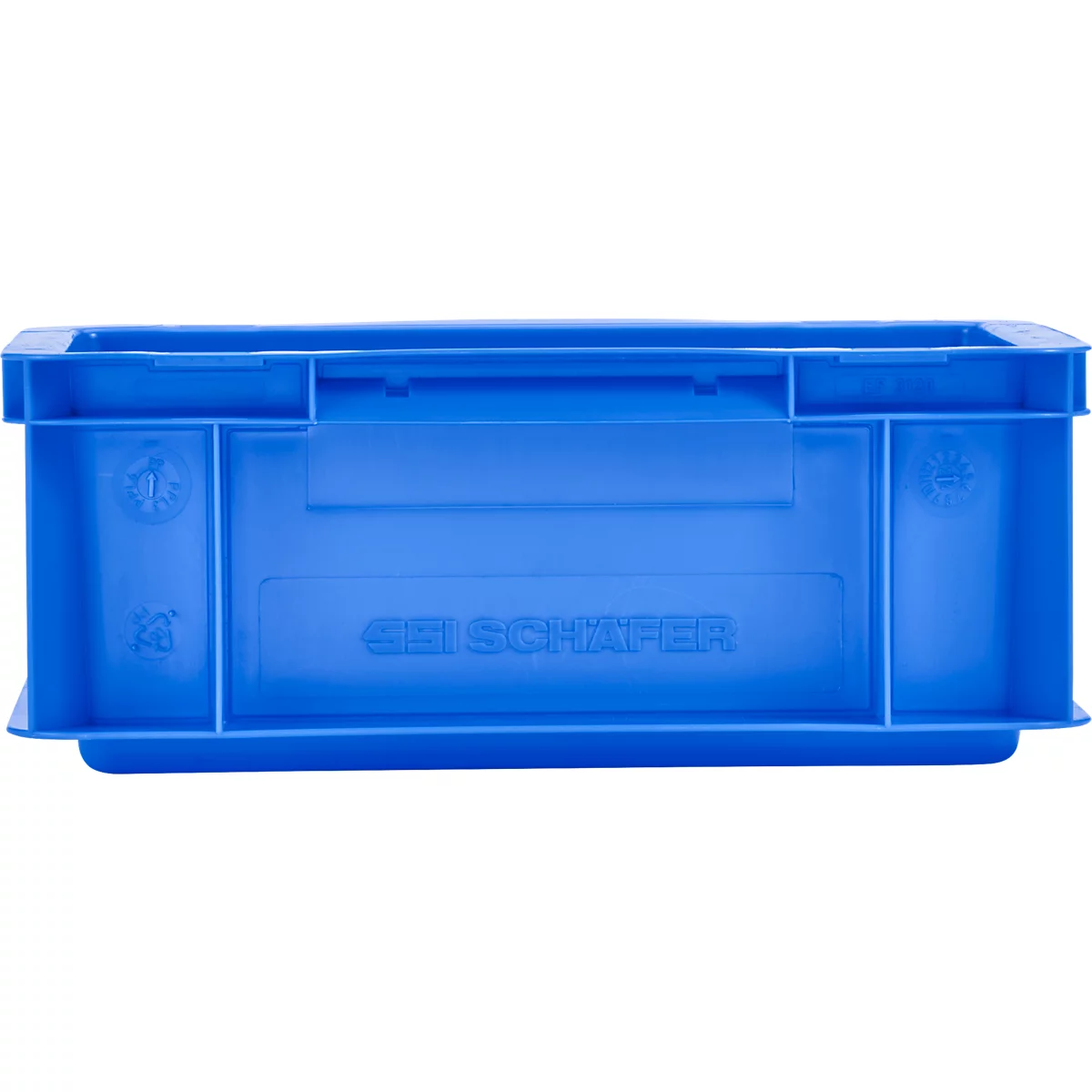 Blue plastic box, "SSI SCHÄFER" lettering. Detailed view with structure, grip recesses and logo.