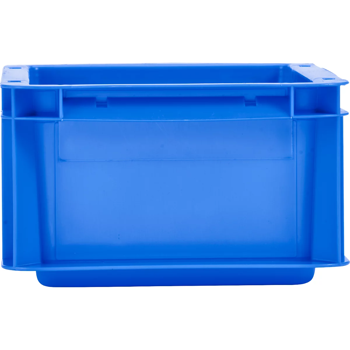 Blue plastic box, front view. Rectangular container with vertical reinforcements and horizontal edges.