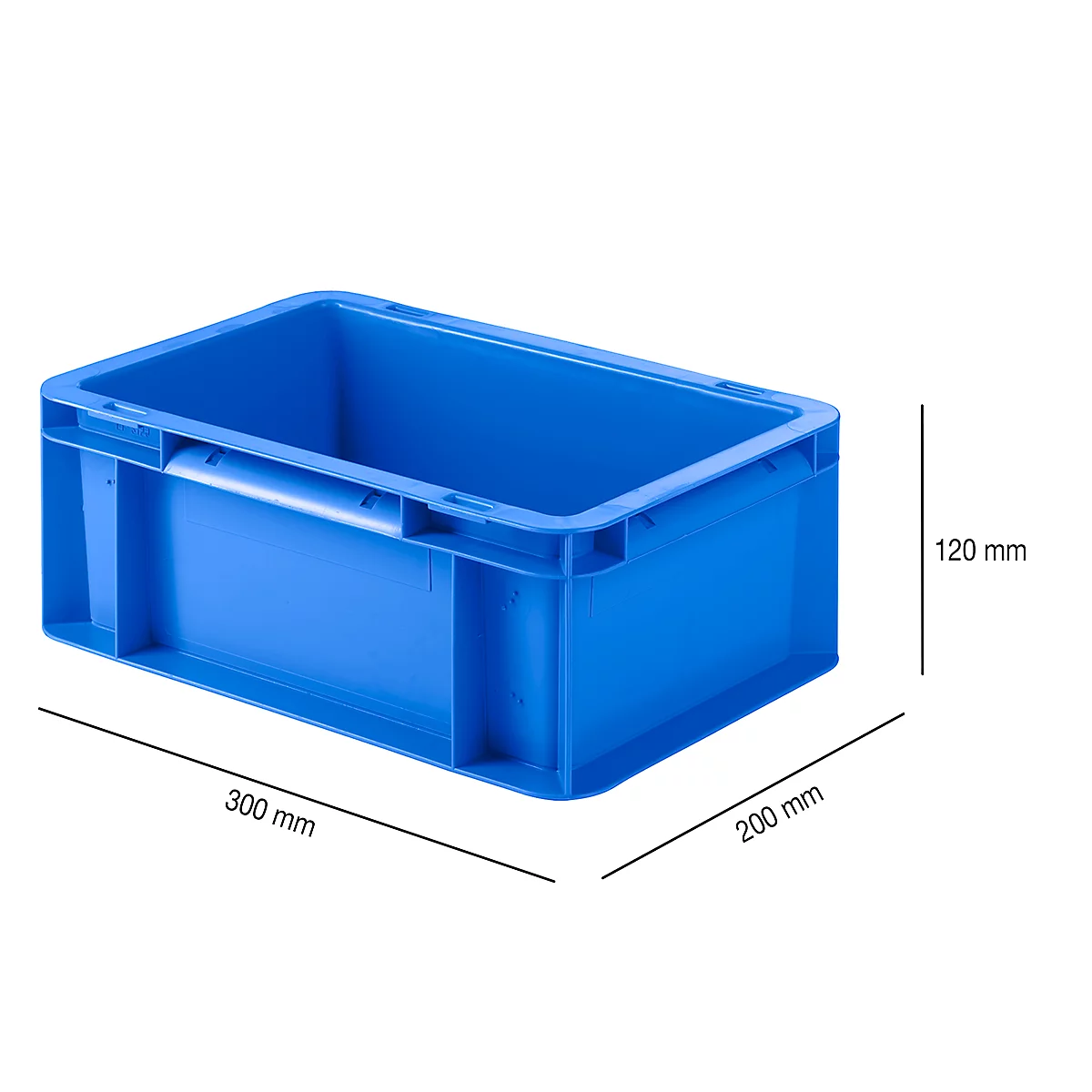 Blue plastic crate, with dimensions: 300 x 200 x 120 mm, against a white background.