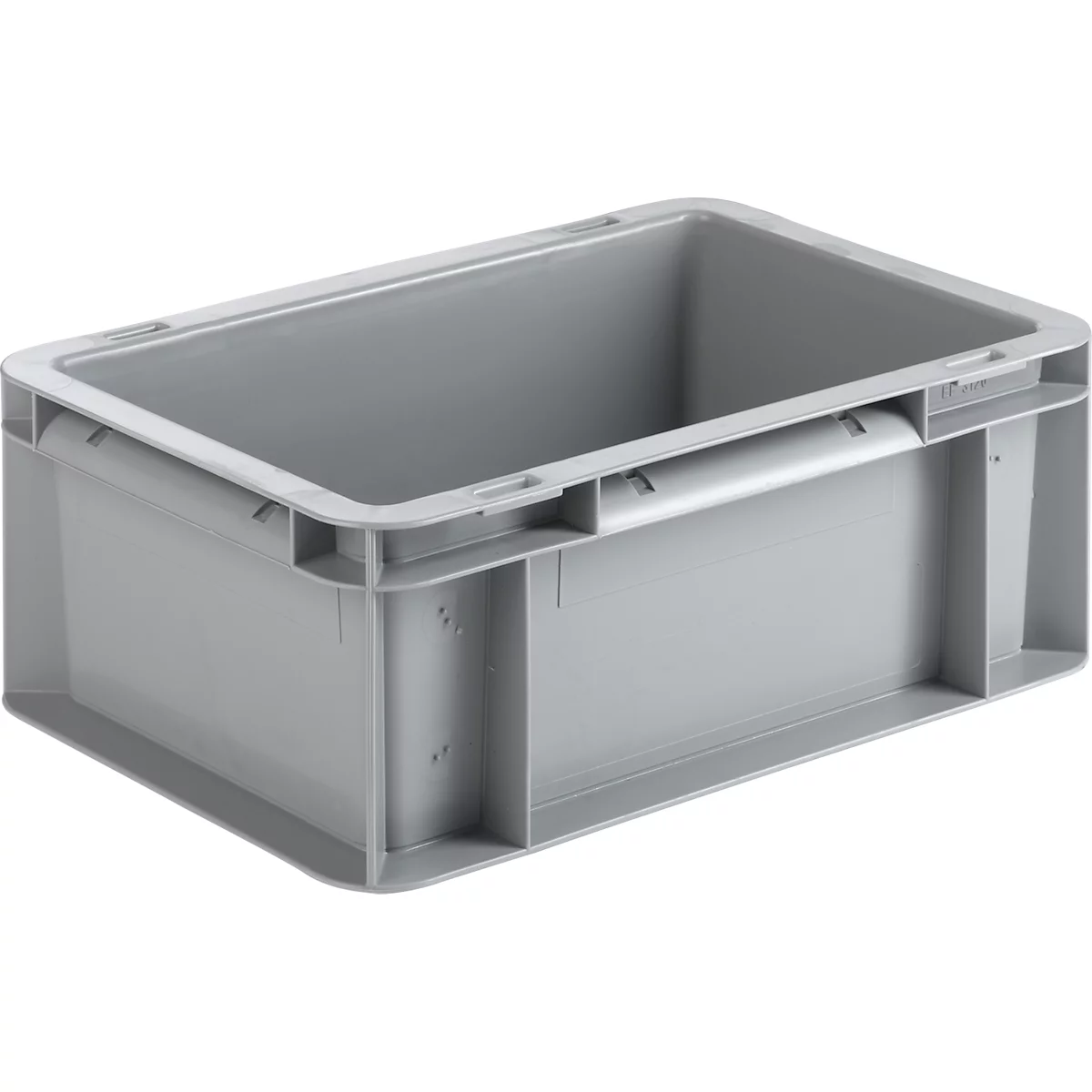 Grey plastic box, rectangular with recessed handles.