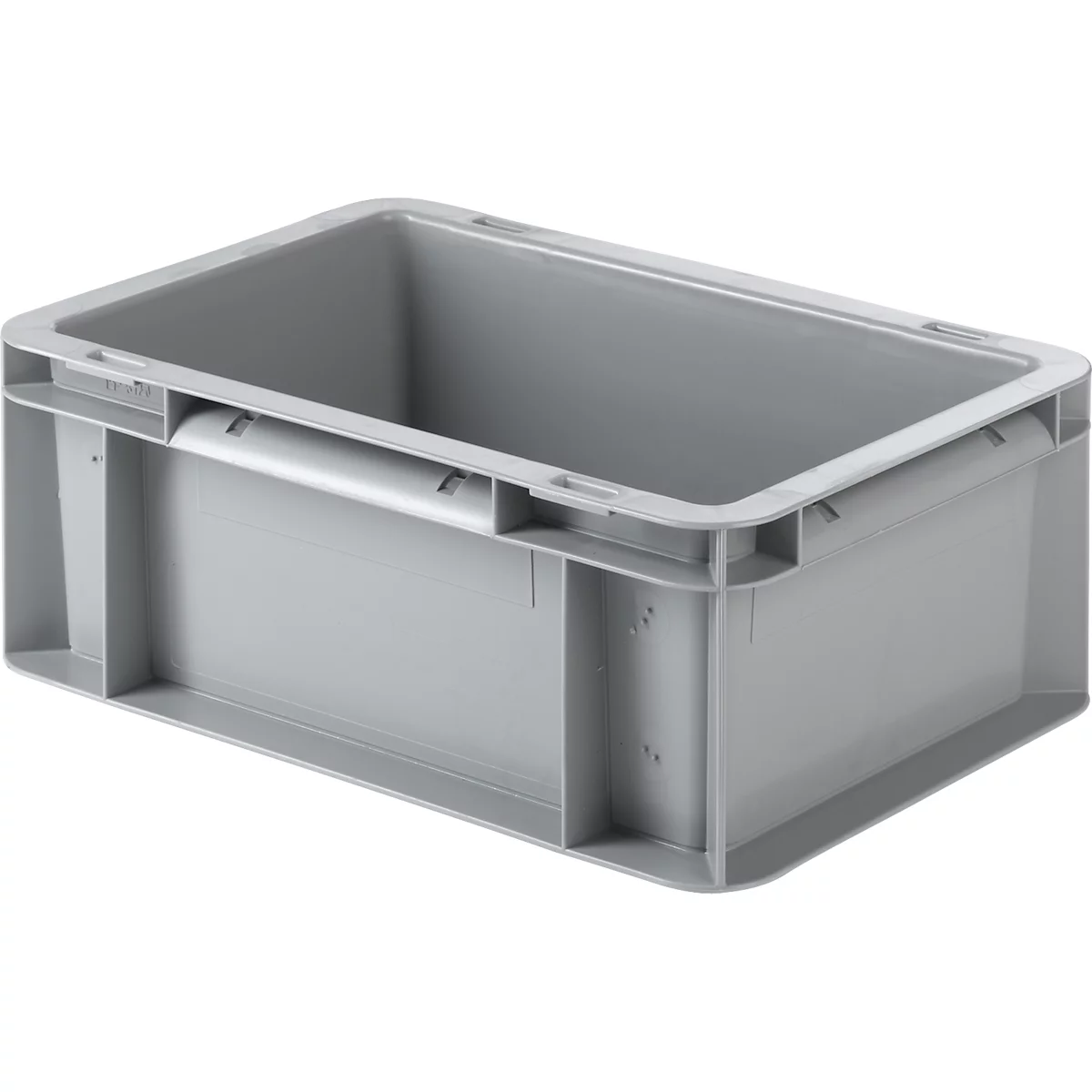 Gray plastic box with rectangular shape and surrounding edge. Handle holes on the sides.