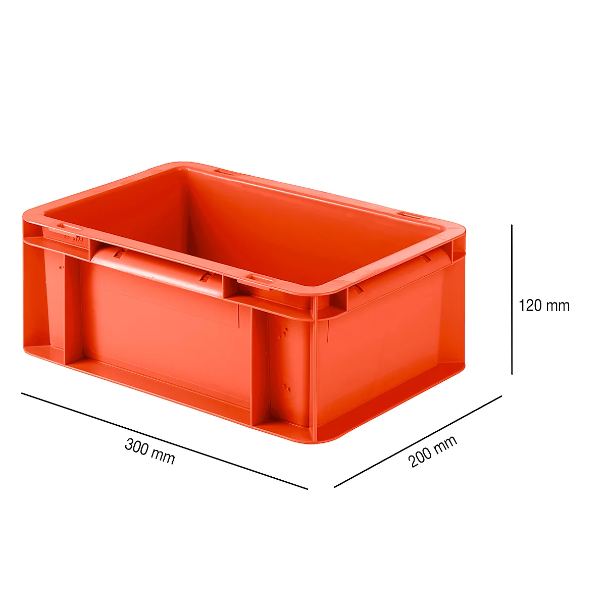 An orange box, dimensions are 300 mm x 200 mm x 120 mm, shown with black lines and measurements.