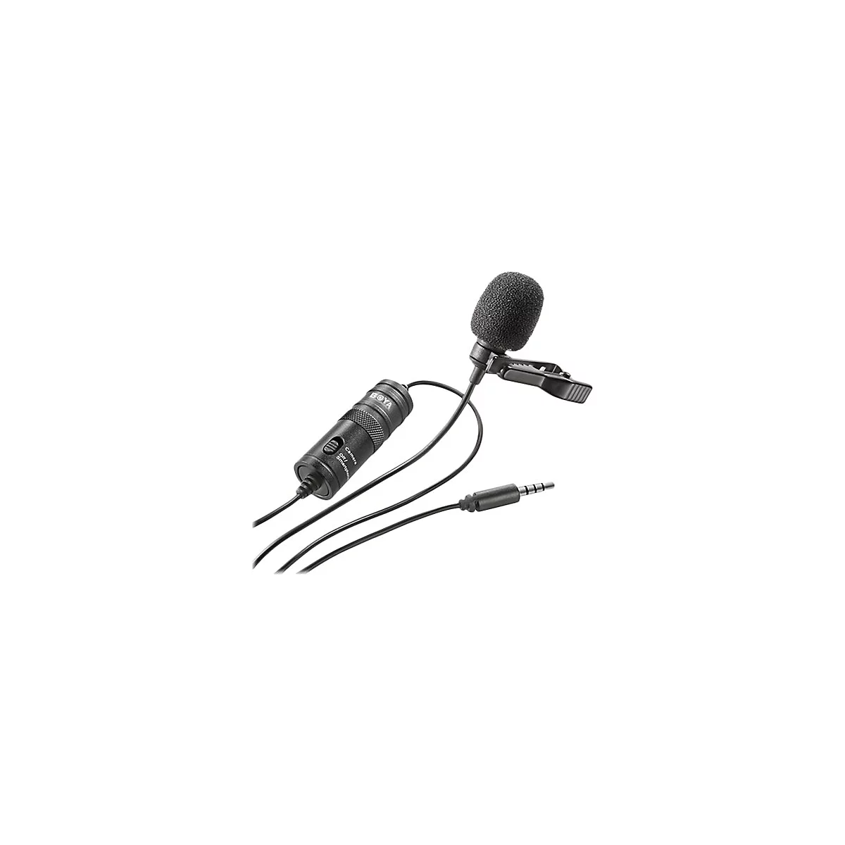 Schwarzes Boya Lavalier-Mikrofon mit Kabel, Steuereinheit und Klinkenstecker vor weißem Hintergrund.