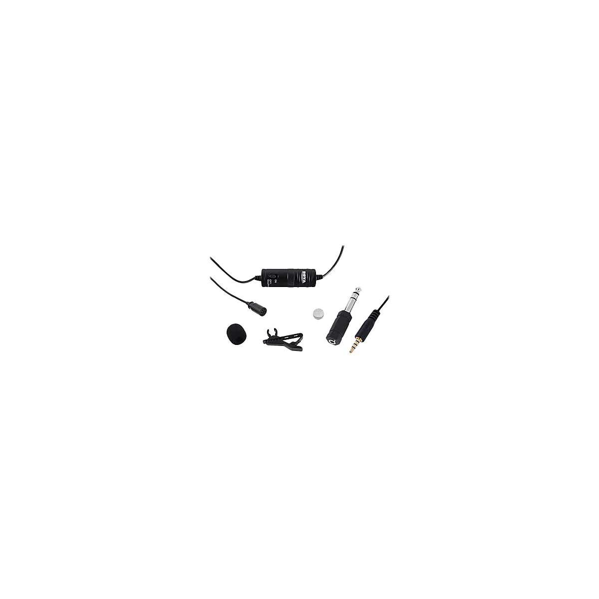 Boya Lavalier-Mikrofon Set mit schwarzer Steuereinheit, Klemme, Schaumstoffwindschutz, Batterie und Klinkenadapter.