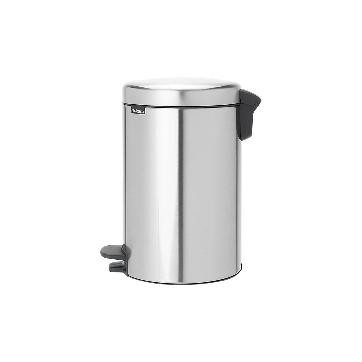 Runder Treteimer aus mattem Edelstahl mit schwarzem Pedal und Brabantia-Logo, freistehend vor weißem Hintergrund.