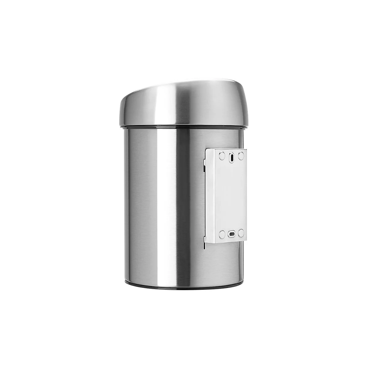 Ein zylindrischer Abfalleimer aus gebürstetem Edelstahl mit Schwingdeckel und seitlicher Metallhalterung vor weißem Hintergrund.