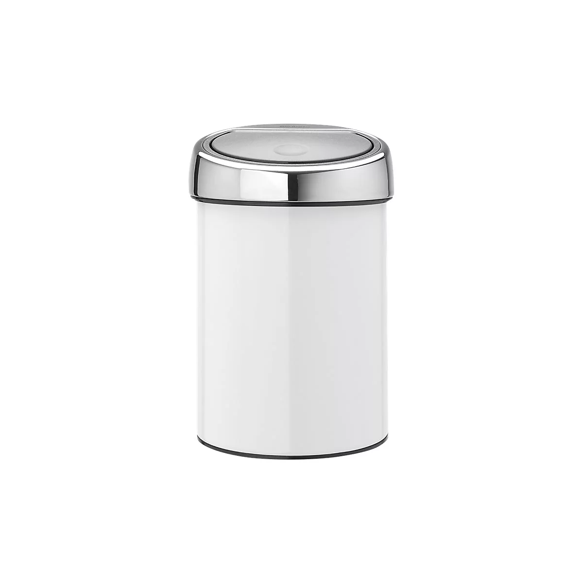 Weißer zylindrischer Mülleimer mit glänzendem Chrom-Schwingdeckel vor weißem Hintergrund.
