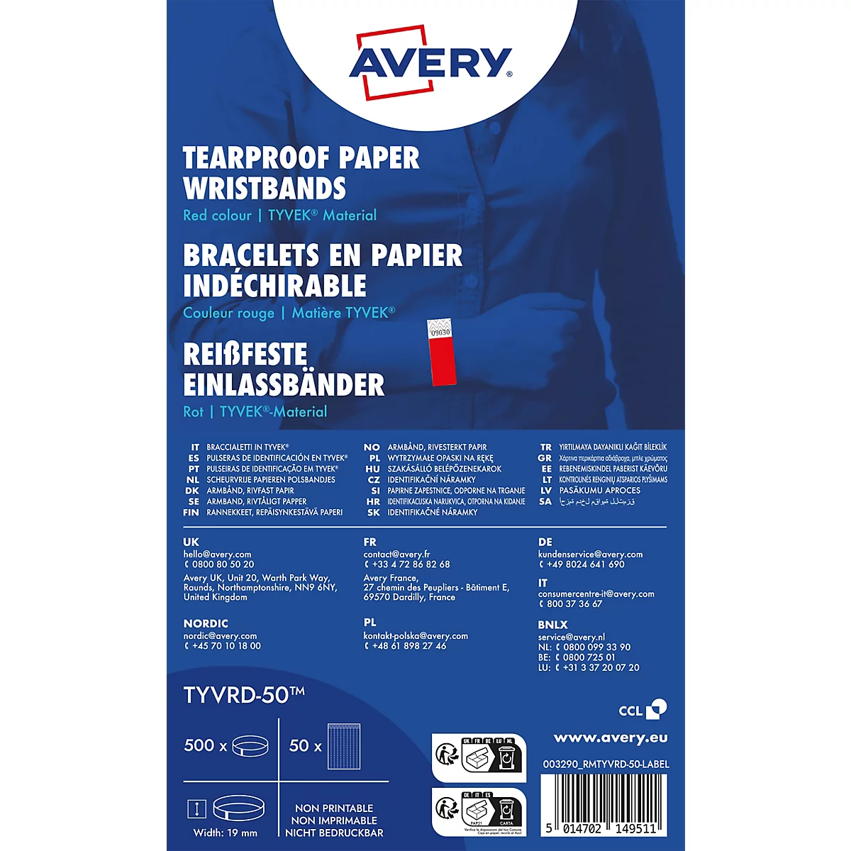 Emballage bleu pour bracelets en papier Tyvek rouge Avery avec logo et informations produit.