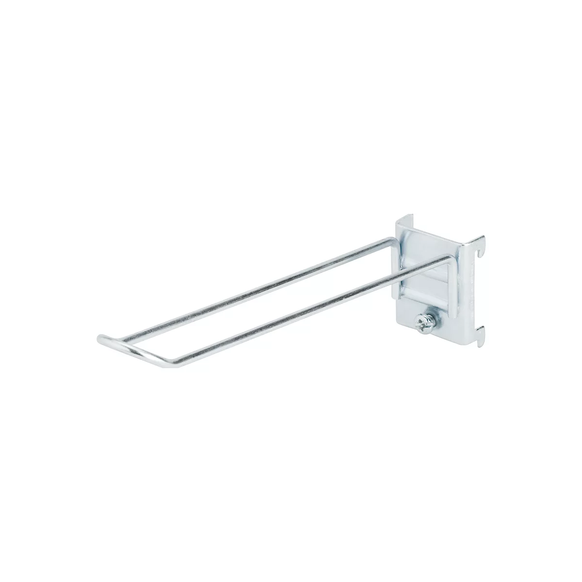 Metal hook attached to a wall mount. For product presentation in stores.
