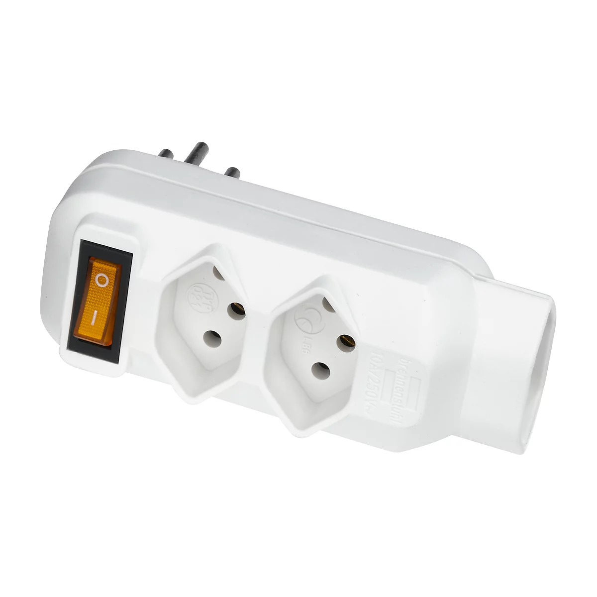 White multiple socket with two sockets, a switch and a plug. The switch is orange.
