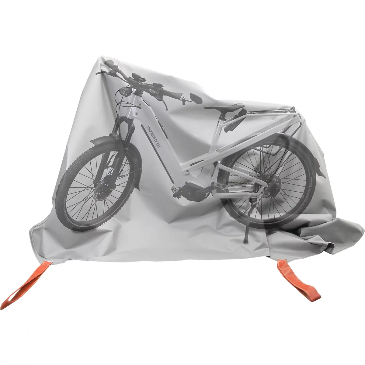 Fahrrad ist mit einer hellgrauen Schutzhülle bedeckt, orangefarbene Bänder an der Unterseite.