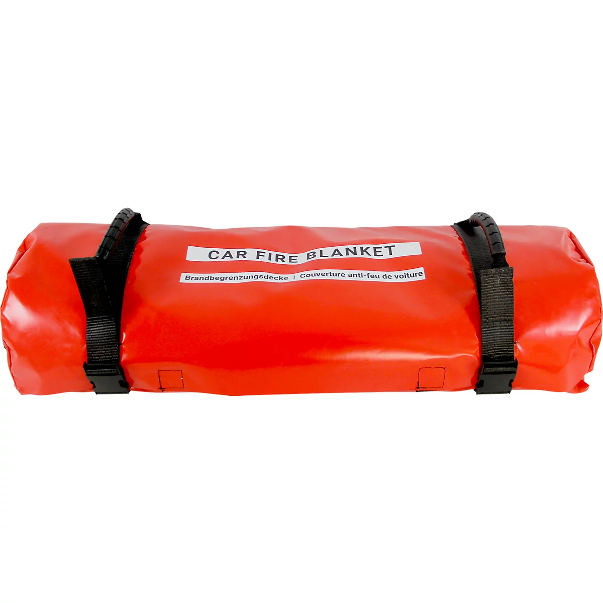 Gerollte, orangefarbene Decke mit schwarzem Gurt, Aufschrift: CAR FIRE BLANKET.
