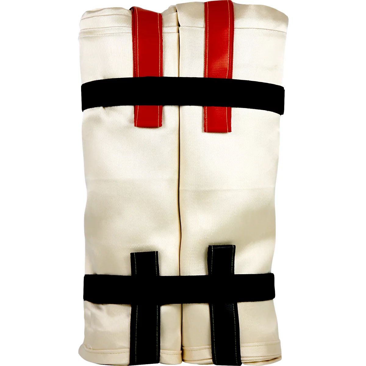 Beige Beinschiene mit roten und schwarzen Gurten. Zwei vertikal geteilte, gepolsterte Bereiche.