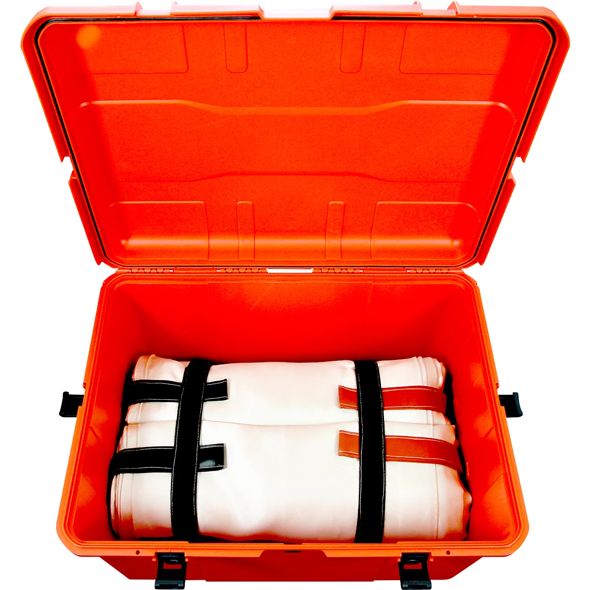 Offene, orangefarbene Box mit weißem Inhalt, der mit schwarzen Gurten befestigt ist.