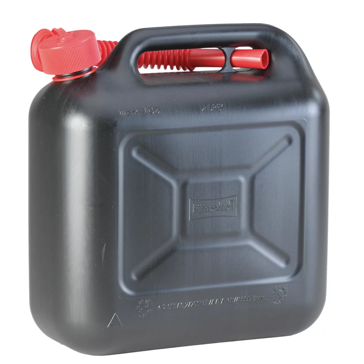 Zwarte jerrycan met rode dop en tuit. Een handvat aan de bovenkant.