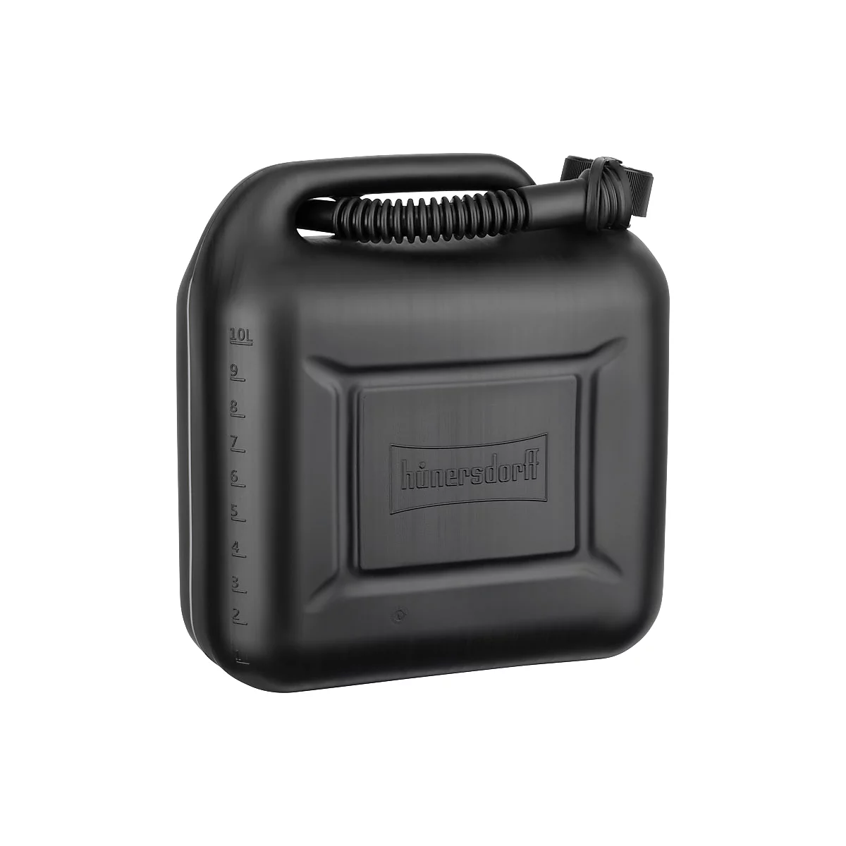 Zwarte 10-liter kunststof brandstofkan met bevestigde schenktuit en in reliëf aangebracht Hünersdorff-logo.