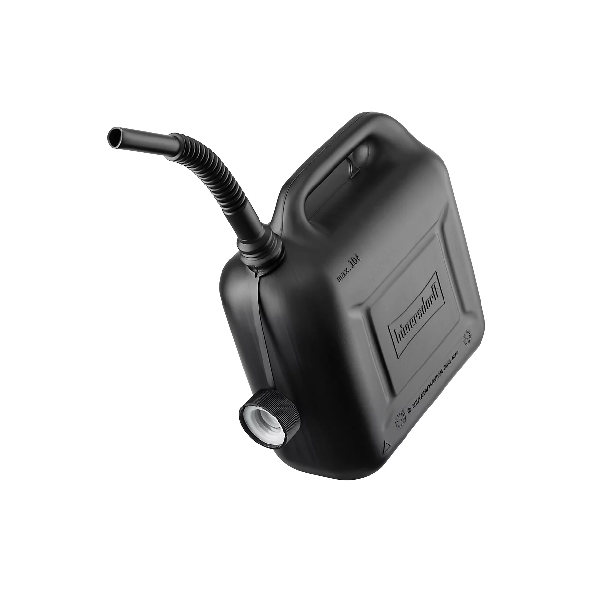 Zwarte 10-liter kunststof brandstofkan met flexibele schenktuit, geïsoleerd tegen een neutrale achtergrond.