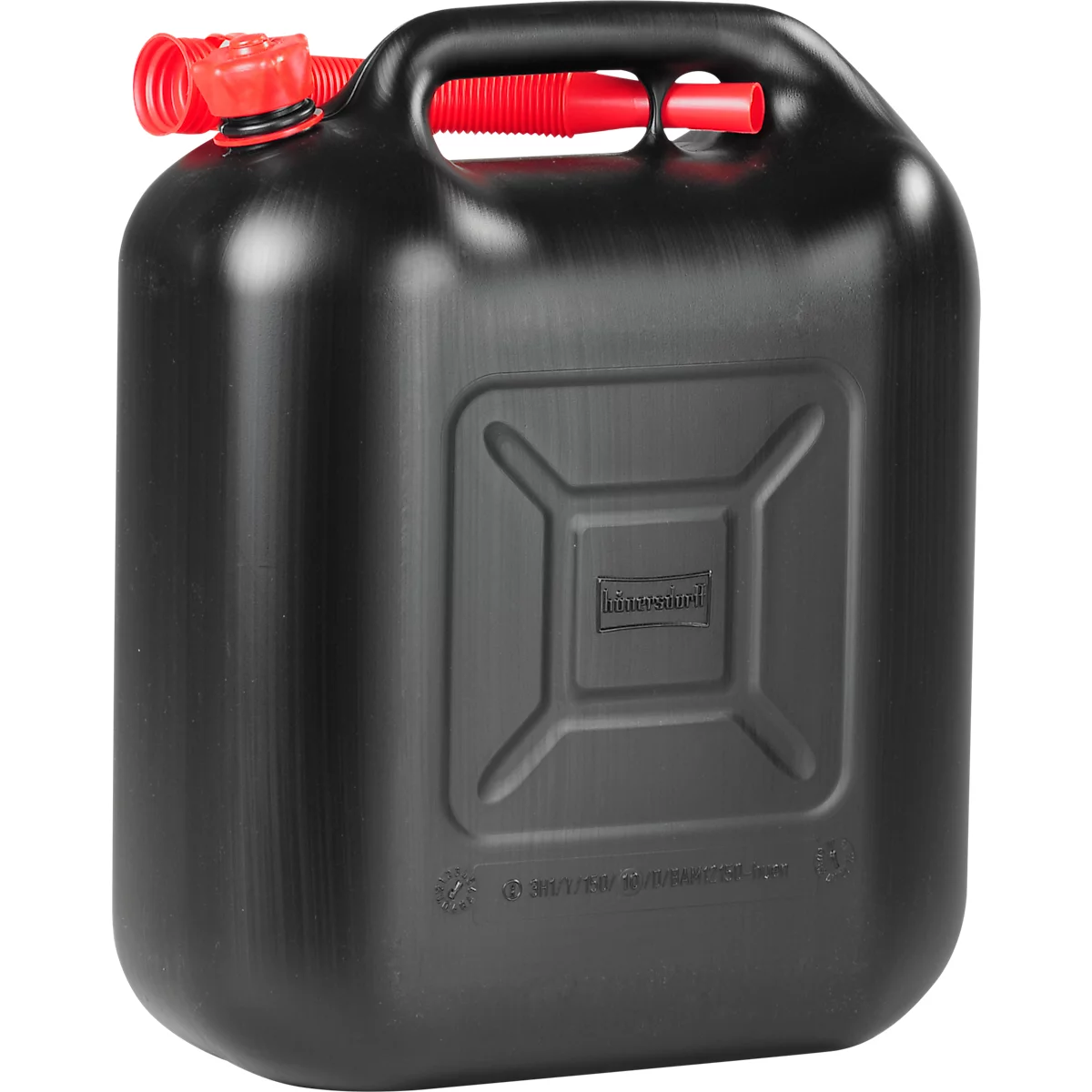 Zwarte jerrycan met rode tuit en handvat. Er zijn reliëfs te zien op het oppervlak.