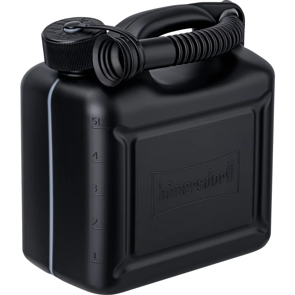 Zwarte brandstofkan met rode tuit en handvat. Opschrift 'max. 5l' en 'Hümersdorff'.