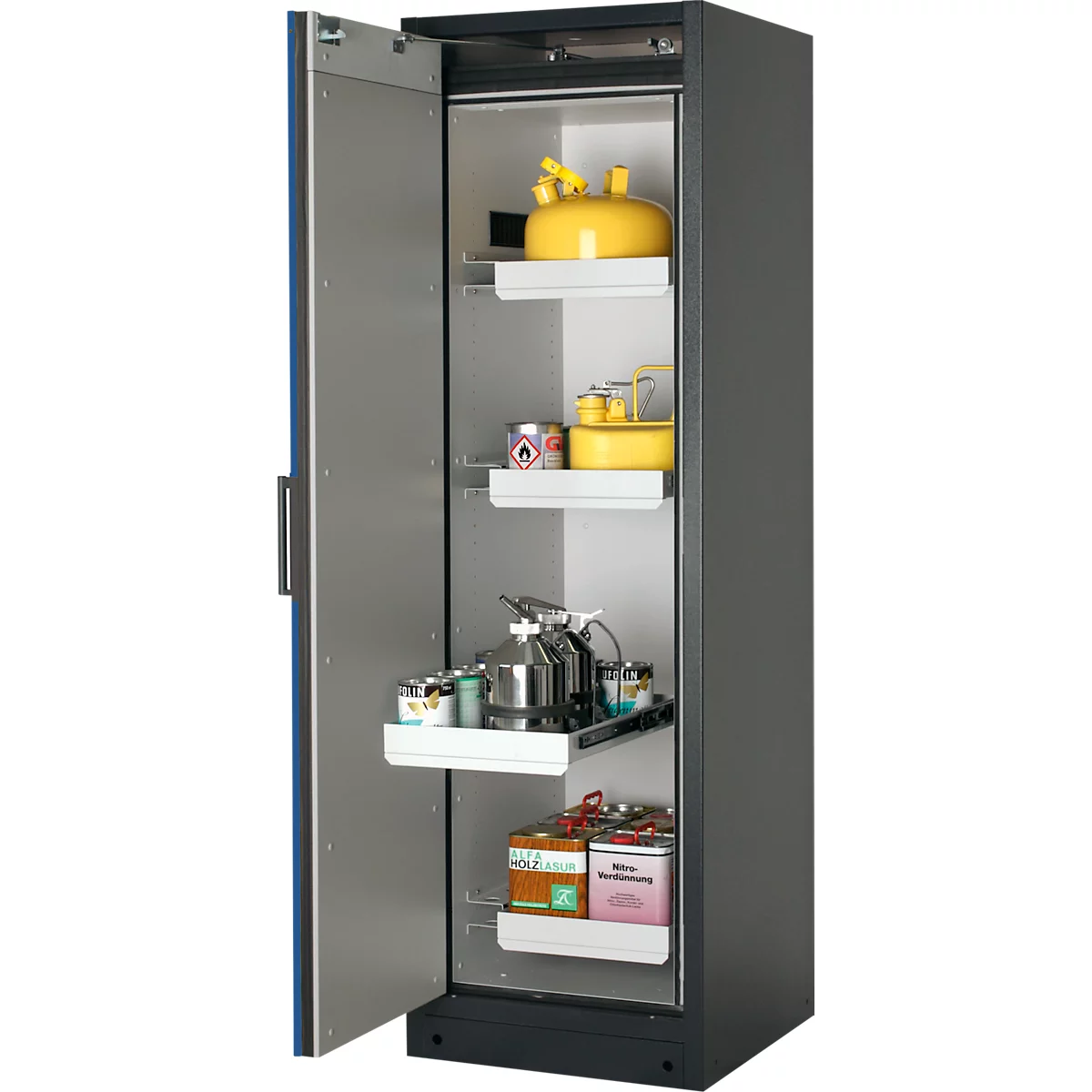 Brandveiligheidsopslagkast type 90, B 600 x D 615 x H 1953 mm, deur links 4 plaatstalen schuifladen, grijs/gentiaanblauw (RAL 5010)