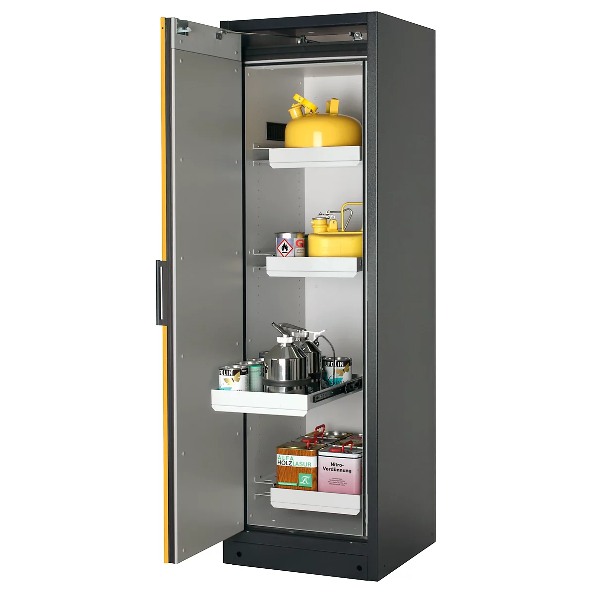 Brandveiligheidsopslagkast type 90, B 600 x D 615 x H 1953 mm, deur rechts 4 plaatstalen schuifladen, grijs/signaalgeel (RAL 9010)