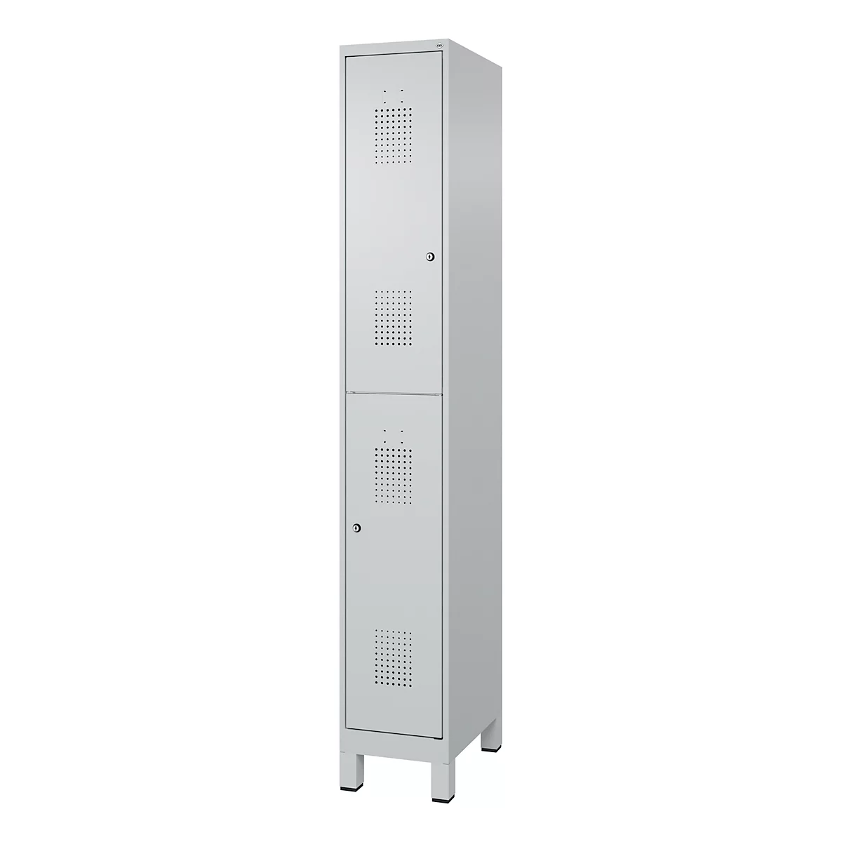 Brandweerkast C+P Flexo Wit, 1 compartiment met 2 legborden, poten, B 300 x D 500 x H 1950 mm, RAL 7035 lichtgrijs