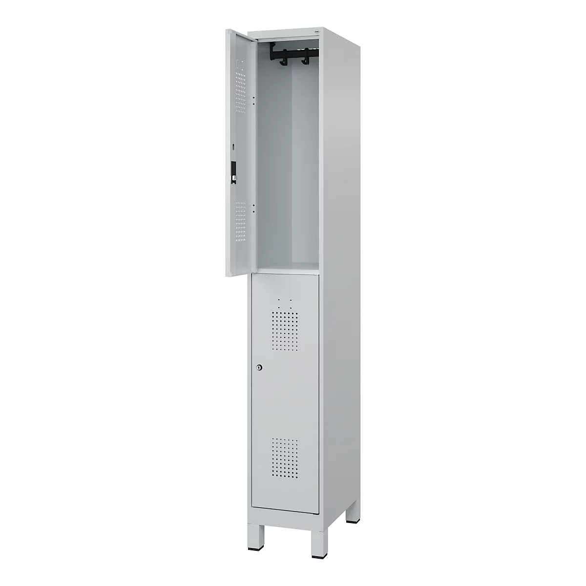 Brandweerkast C+P Flexo Wit, 1 compartiment met 2 legborden, poten, B 300 x D 500 x H 1950 mm, RAL 7035 lichtgrijs