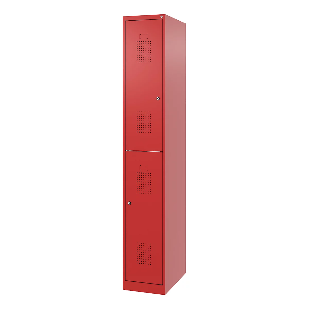 Brandweerkast met dubbele verdieping C+P Flexo Wit, 1 compartiment met 2 vakken, vloerglijders, B 300 x D 500 x H 1850 mm, RAL 3000 vuurrood
