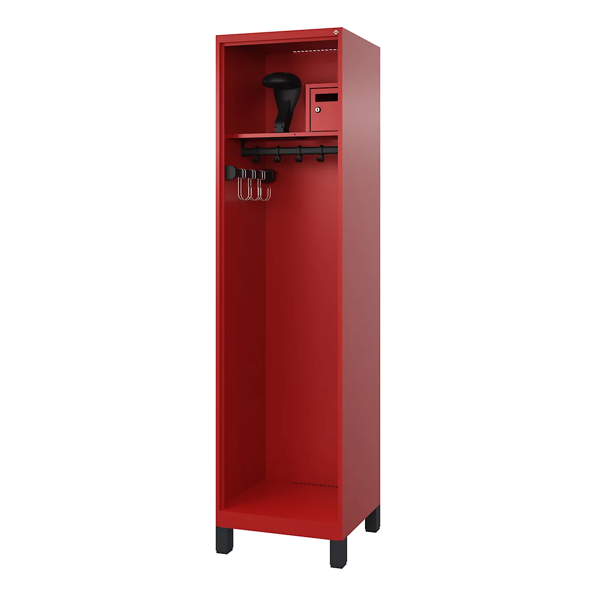Brandweerkluis C+P Evolo Flexo, 1 compartiment, helmhouder, met voeten, B 500 x D 500 x H 1950 mm, RAL 3000 vuurrood/RAL 7021 zwartgrijs