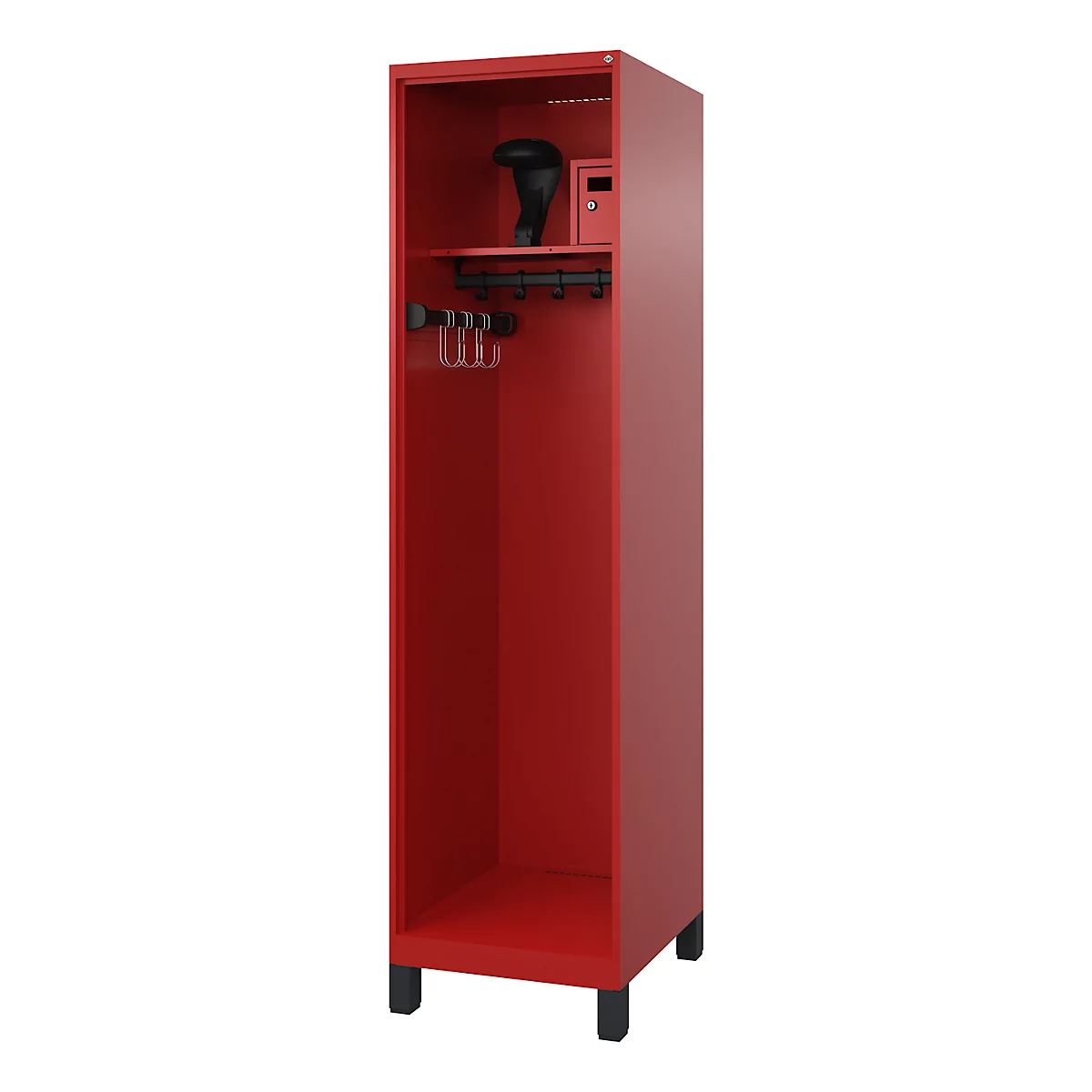Brandweerkluis C+P Evolo Flexo, 1 compartiment, helmhouder, met voeten, B 500 x D 600 x H 1950 mm, RAL 3000 vuurrood/RAL 7021 zwartgrijs