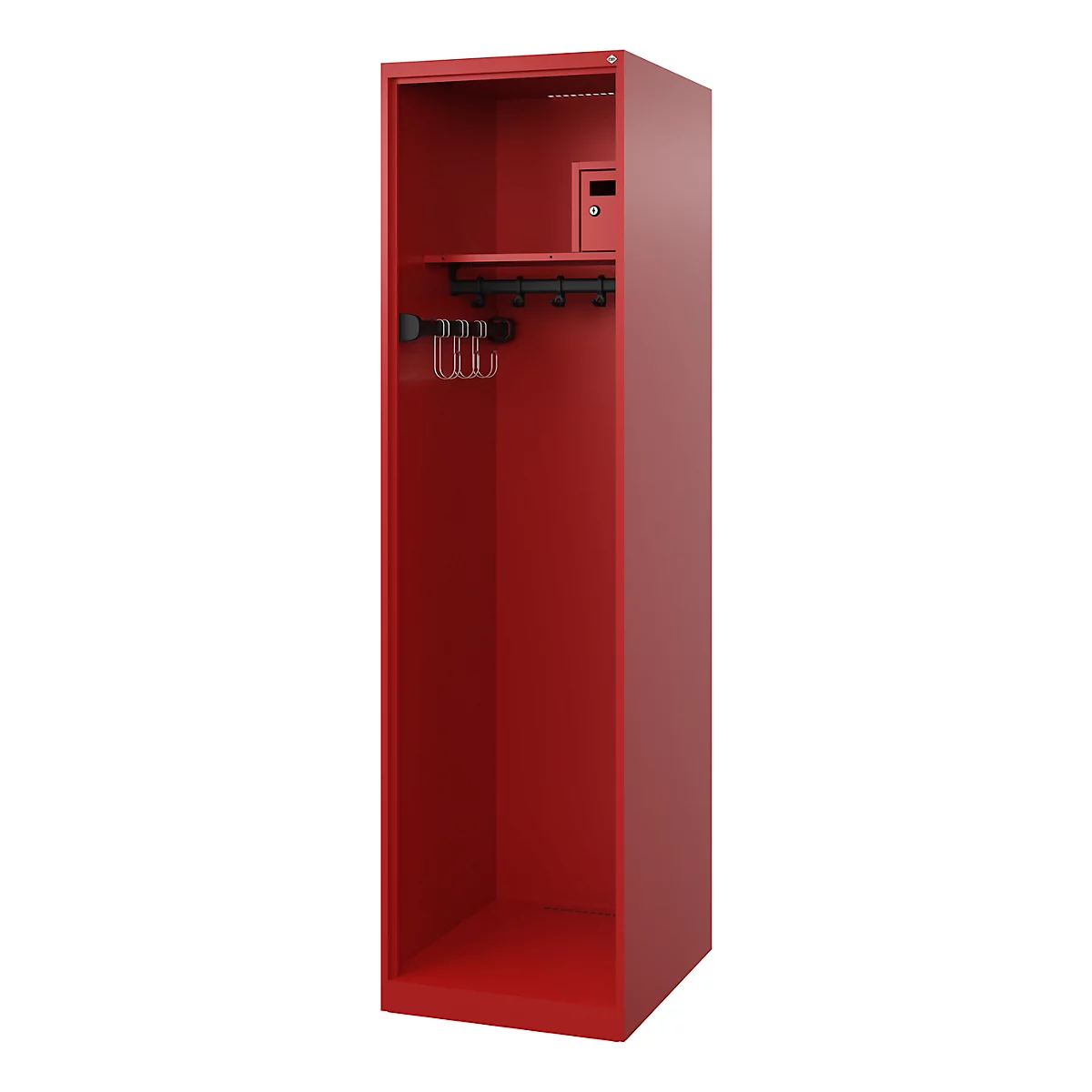 Brandweerkluis C+P Evolo Flexo, 1 compartiment, zonder helmhouder, vloerglijders, B 500 x D 600 x H 1850 mm, RAL 3000 vuurrood