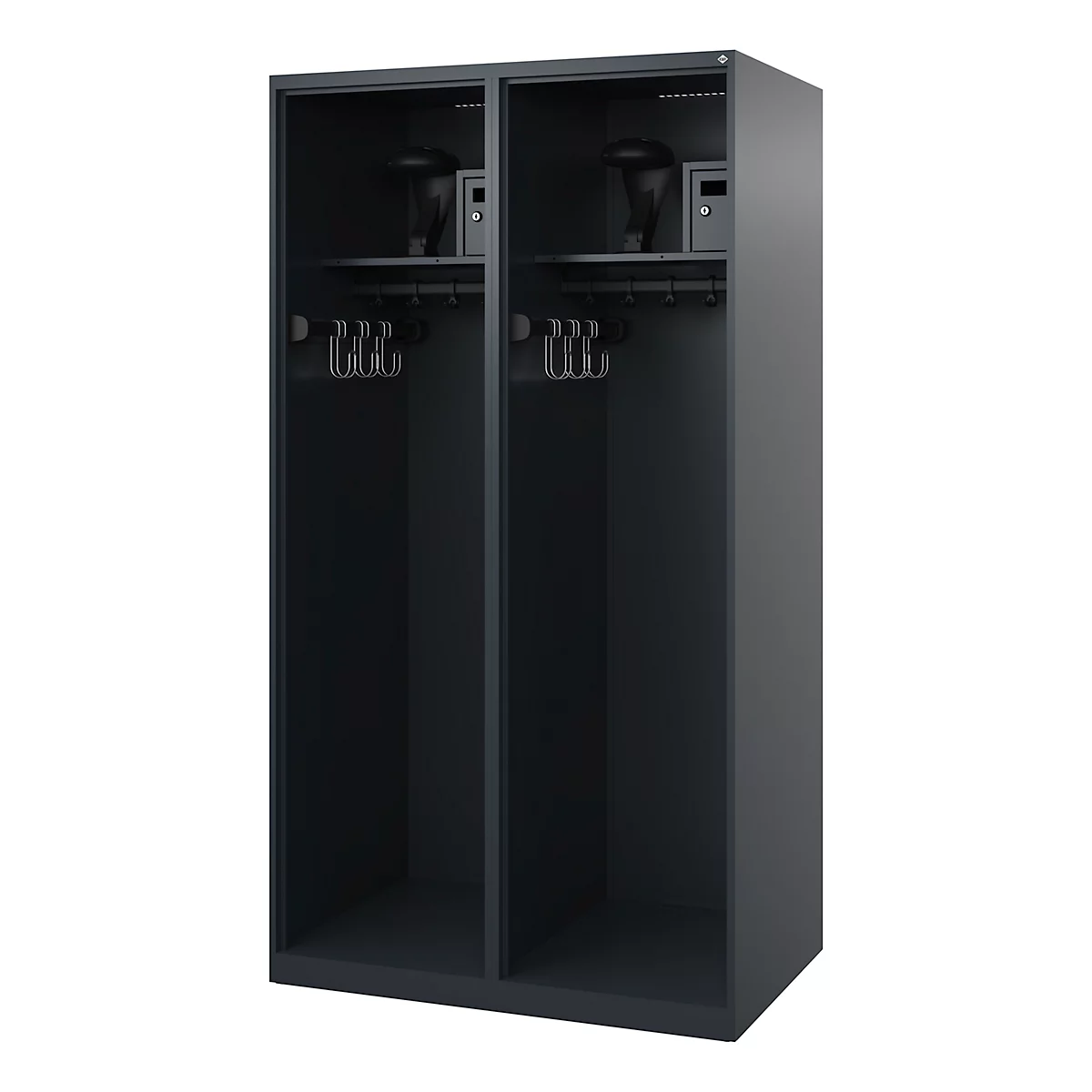 Brandweerkluis C+P Evolo Flexo, 2 compartimenten, met helmhouder, vloerglijders, B 1000 x D 600 x H 1850 mm, RAL 7016 antracietgrijs