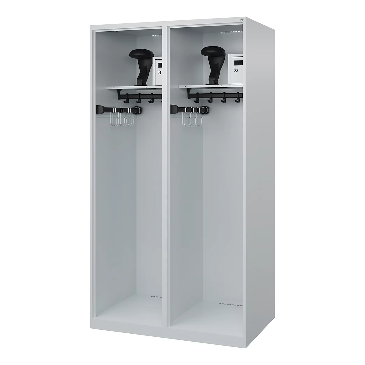 Brandweerkluis C+P Evolo Flexo, 2 vakken, met helmhouder, vloerglijders, B 1000 x D 600 x H 1850 mm, RAL 7035 lichtgrijs