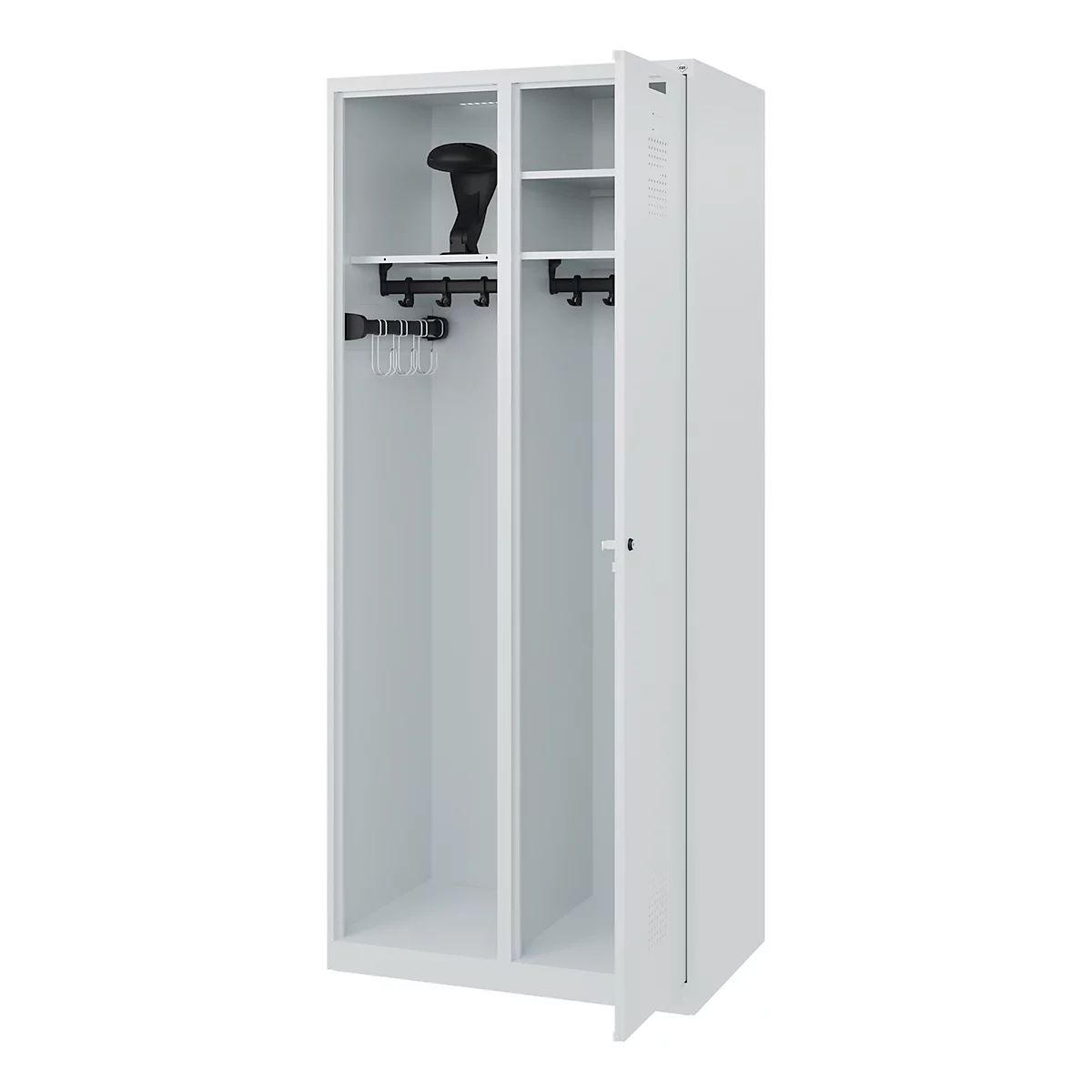 Brandweerkluis C+P Evolo Kombi, 2 vakken voor 1 persoon, met helmhouder, vloerglijders, B 800 x D 500 x H 1850 mm, RAL 7035 lichtgrijs