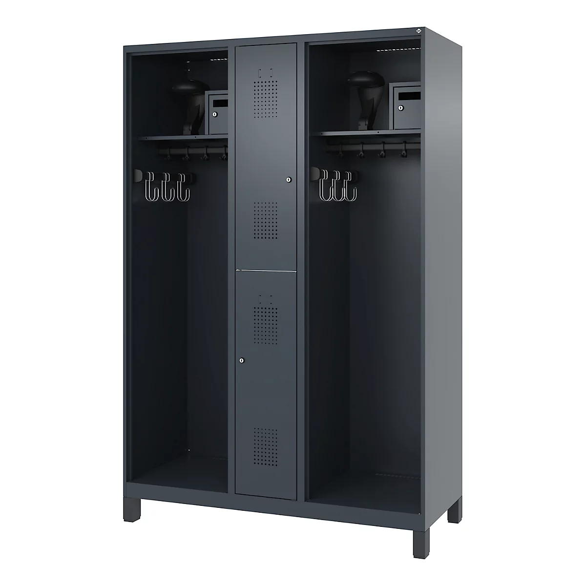Brandweerkluis C+P Evolo Maxi, 4 vakken voor 2 personen, met helmhouder, met poten, B 1200 x D 500 x H 1950 mm, RAL 7016 antracietgrijs/RAL 7021 zwartgrijs