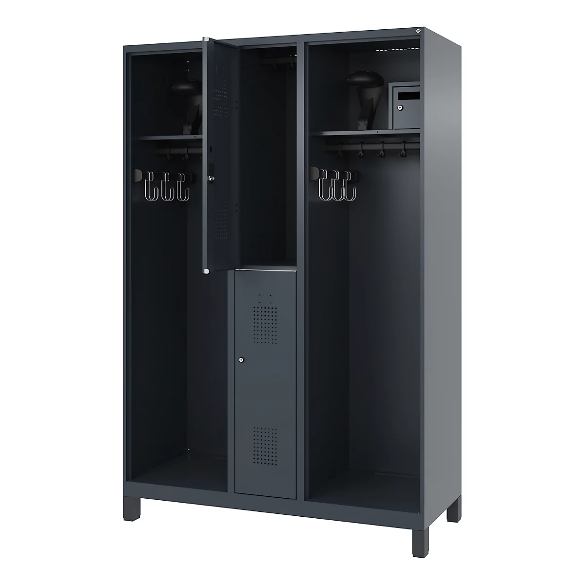 Brandweerkluis C+P Evolo Maxi, 4 vakken voor 2 personen, met helmhouder, met poten, B 1200 x D 500 x H 1950 mm, RAL 7016 antracietgrijs/RAL 7021 zwartgrijs