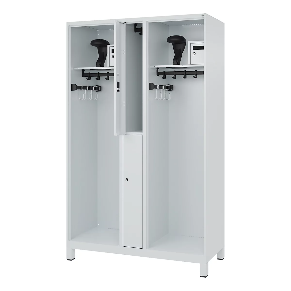 Brandweerkluis C+P Evolo Maxi, 4 vakken voor 2 personen, met helmhouder, met poten, B 1200 x D 500 x H 1950 mm, RAL 7035 lichtgrijs