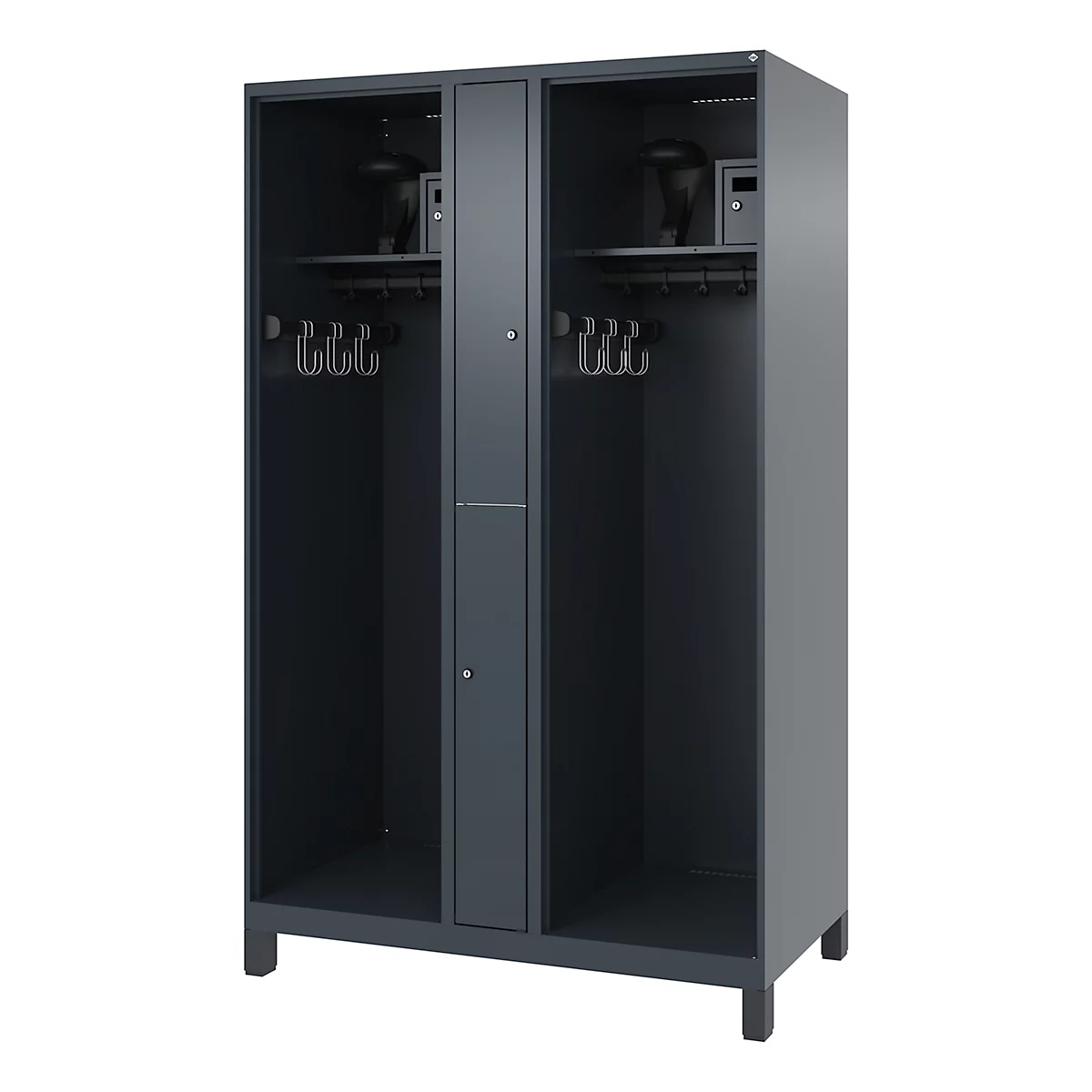Brandweerkluis C+P Evolo Maxi, 4 vakken voor 2 personen, met helmhouder, met poten, B 1200 x D 600 x H 1950 mm, RAL 7016 antracietgrijs/RAL 7021 zwartgrijs