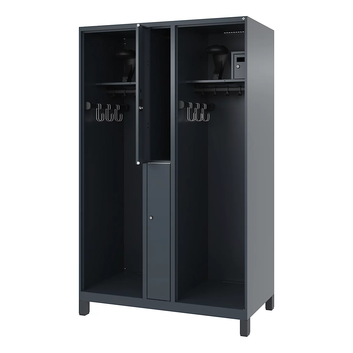 Brandweerkluis C+P Evolo Maxi, 4 vakken voor 2 personen, met helmhouder, met poten, B 1200 x D 600 x H 1950 mm, RAL 7016 antracietgrijs/RAL 7021 zwartgrijs