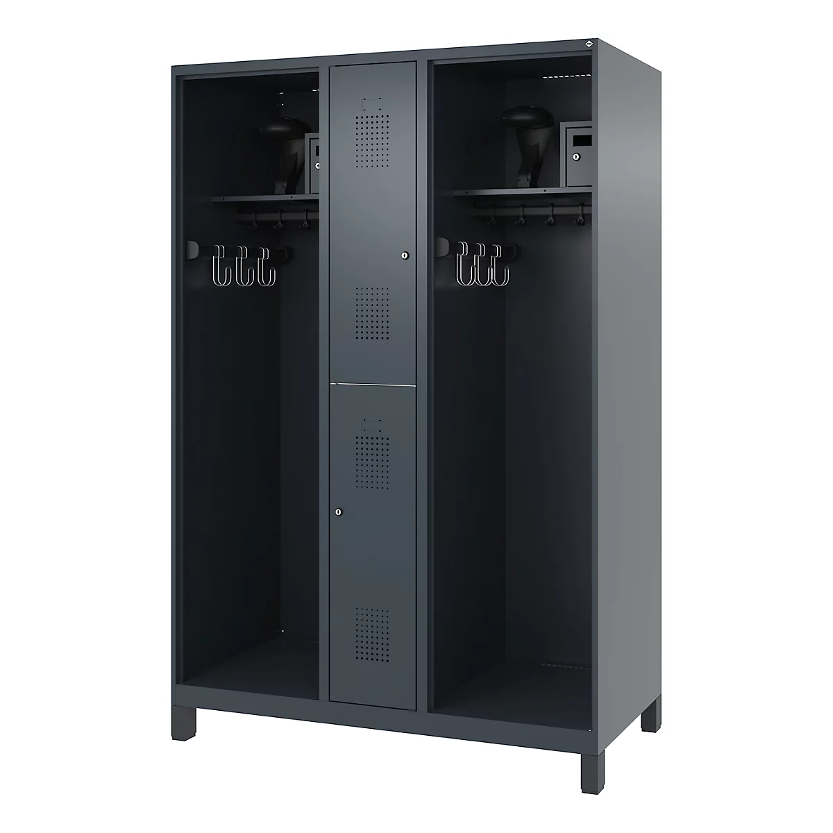 Brandweerkluis C+P Evolo Maxi, 4 vakken voor 2 personen, met helmhouder, met poten, B 1200 x D 600 x H 1950 mm, RAL 7016 antracietgrijs/RAL 7021 zwartgrijs