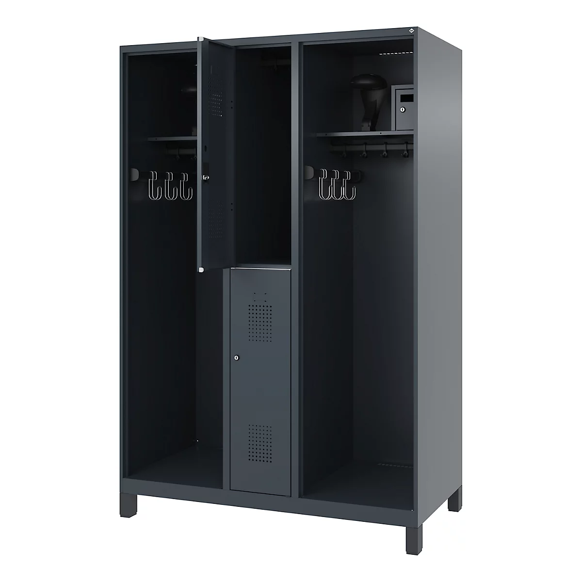 Brandweerkluis C+P Evolo Maxi, 4 vakken voor 2 personen, met helmhouder, met poten, B 1200 x D 600 x H 1950 mm, RAL 7016 antracietgrijs/RAL 7021 zwartgrijs
