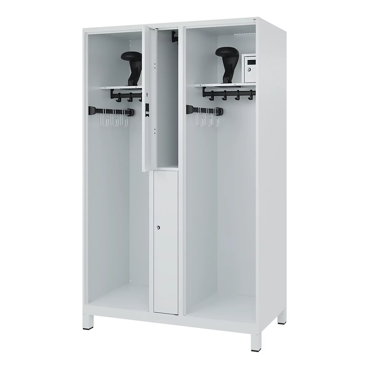 Brandweerkluis C+P Evolo Maxi, 4 vakken voor 2 personen, met helmhouder, met poten, B 1200 x D 600 x H 1950 mm, RAL 7035 lichtgrijs